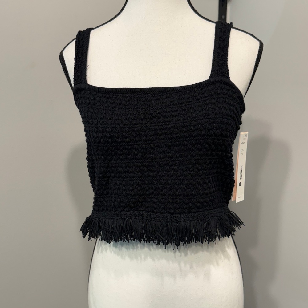 NWT AQUA Women's Med Crochet Knit Fringe Crop Tank Top Festival Coachella Boho‎